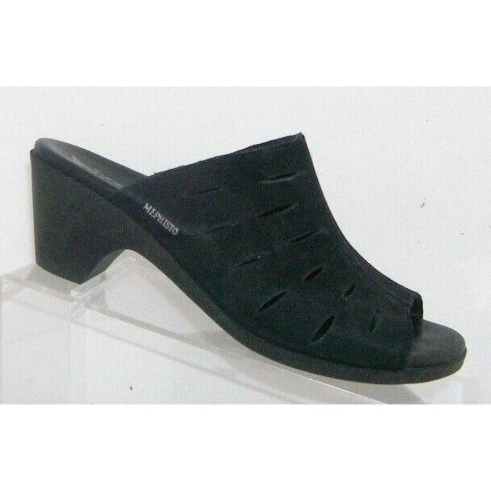 Mephisto Cyrane black leather cut out peep toe slip on sandal heel 6 FR 36